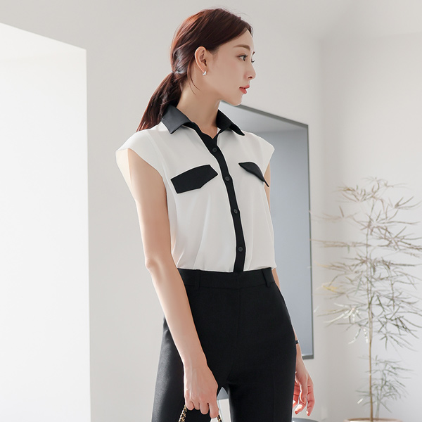 Collar Color Combination Cap-Sleeves Pocket Blouse