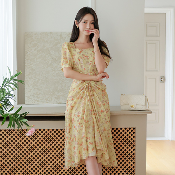 Flower Chiffon String Unbalance Ruffle Dress