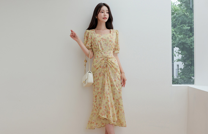 Flower Chiffon String Unbalance Ruffle Dress