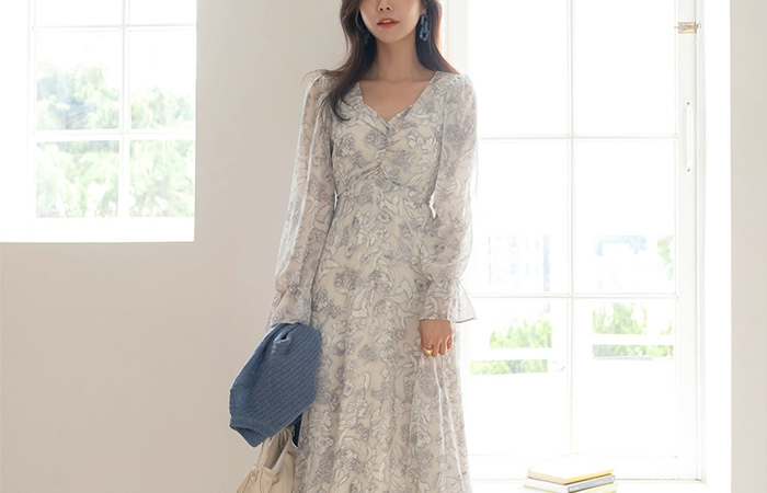 Feminine Flower Patterns Sleeves Shirring Chiffon Dress