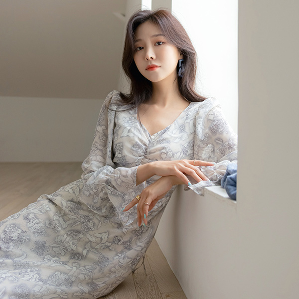 Feminine Flower Patterns Sleeves Shirring Chiffon Dress