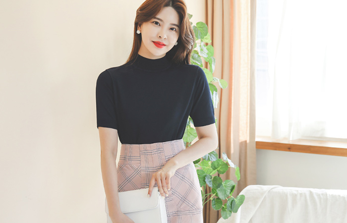 Cooling Midi Sleeves Half-Turtleneck Knit T-shirt