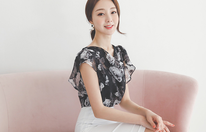 Burnt Out Rose Drape Cowl Neck Blouse