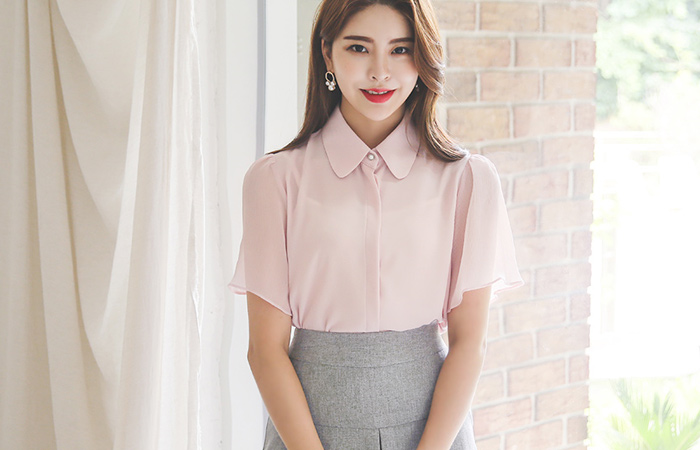 Chiffon Wing Sleeves Pearl Buttons Collar Blouse