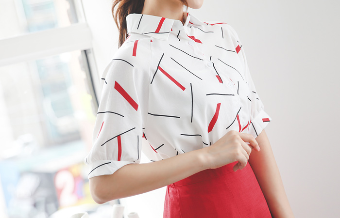 Stick Pattern Collar Shirt Roll-up Blouse
