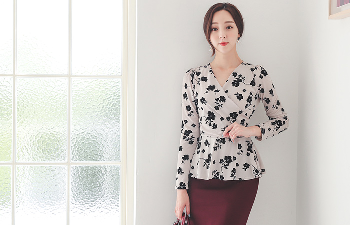 Flocking Peplum Wrap Style Blouse