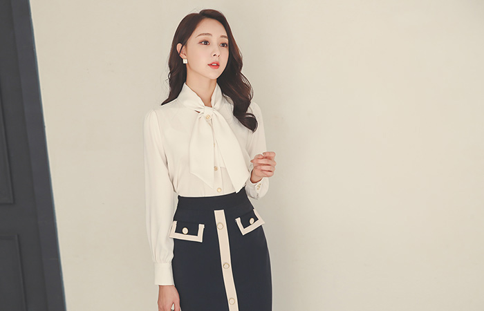 Shawl Collar Tie Gold Button Shirring BlouseⅡ