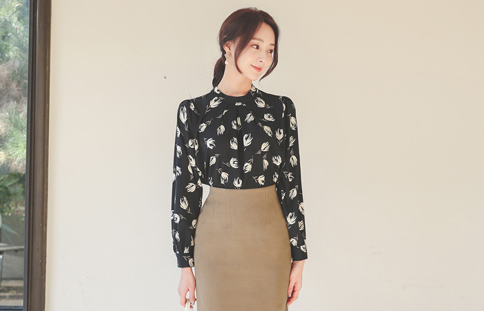 High-Neck Pintuck Winter-Flower Blouse
