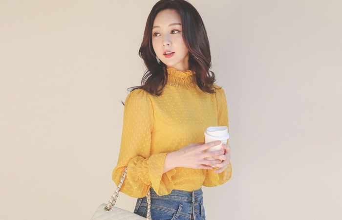 Smocking Frill Neck Chiffon Dot Blouse