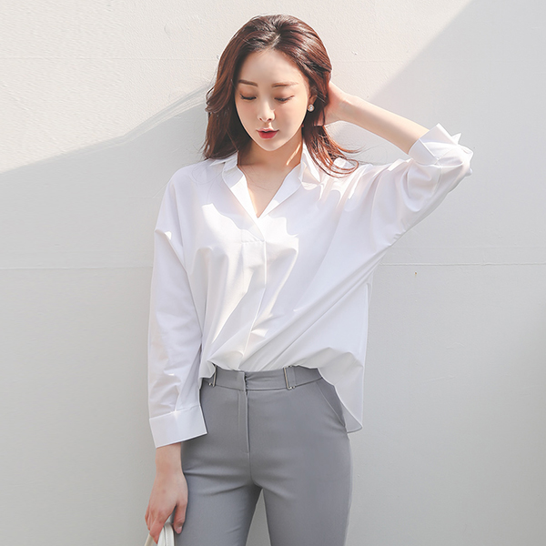 Simple Open-Collar Span Ragran Shirt