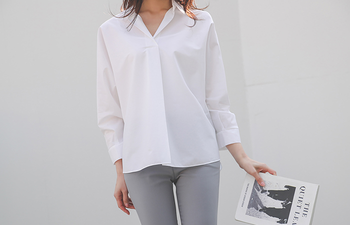 Simple Open-Collar Span Ragran Shirt