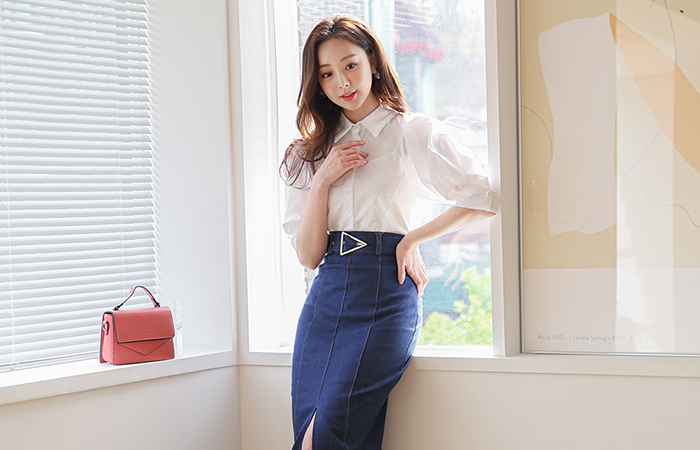 Double Collar Puff Slim Fit Blouse