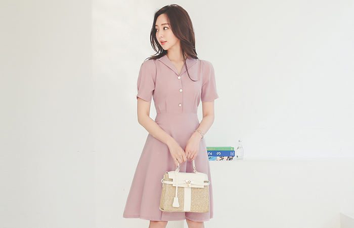 Wing Collar Pearl Buttons Pintuck Flared Dress