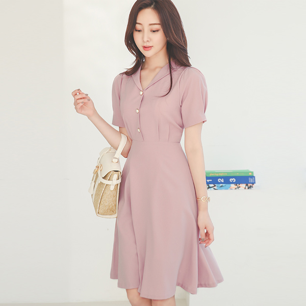 Wing Collar Pearl Buttons Pintuck Flared Dress