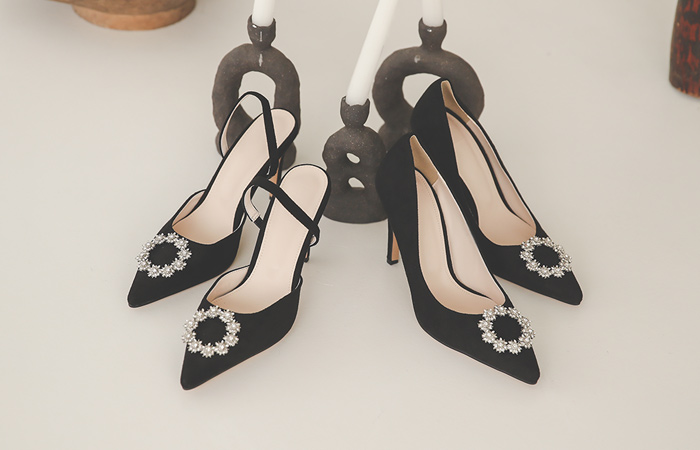 Flower Cubic Sling Backs&Stiletto Heels