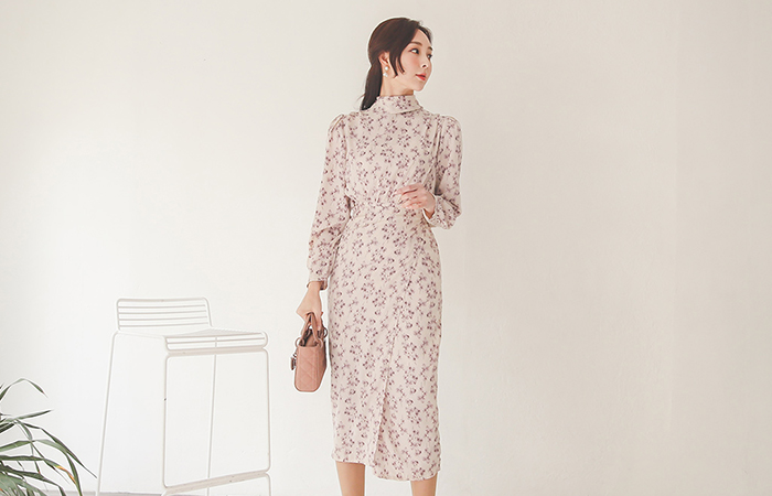 High-Neck Shoulder Pintuck Flower Wrap Dress