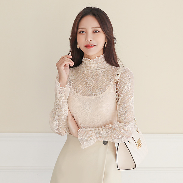 Smock See-through Lace High-Neck Blouse