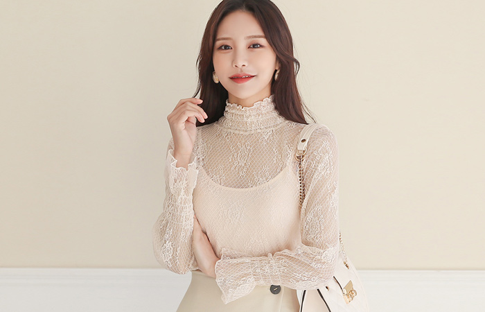 Smock See-through Lace High-Neck Blouse