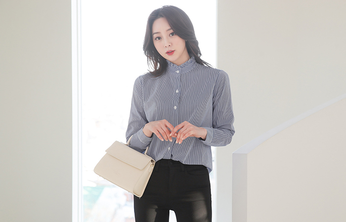 Stripe Frill Neck Cotton Shirt Blouse