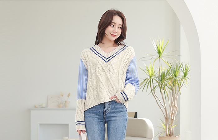 Cable Knit layered Stripe Shirt