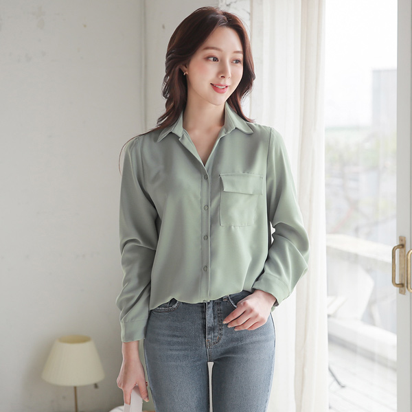 Open Collar Single Pocket Blouse