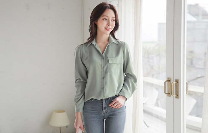 Open Collar Single Pocket Blouse