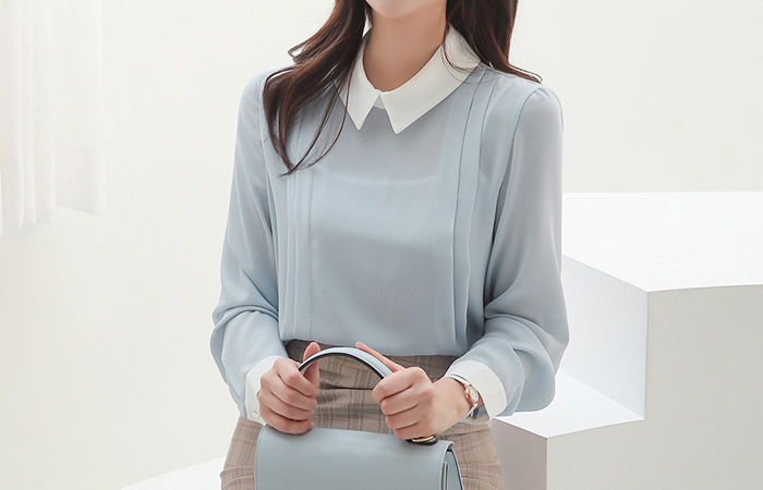 Flat Collar Color Combination Side Pintuck Blouse