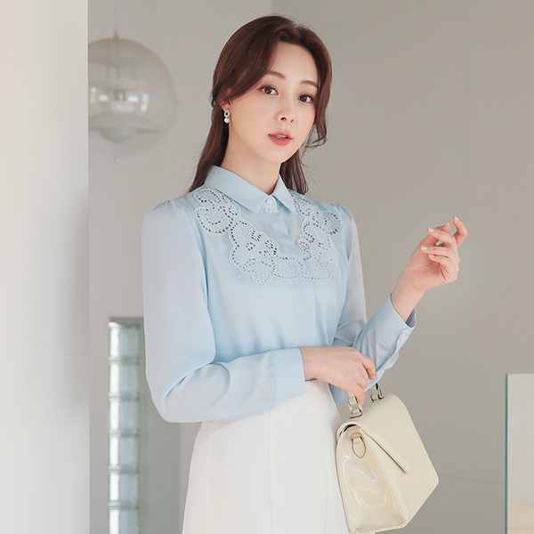 Collar Shirt Punching Lace Blouse