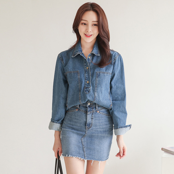 Trendy Big Square Stitch Cutting Denim Shirt