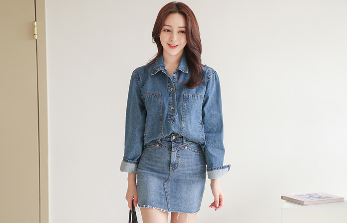 Trendy Big Square Stitch Cutting Denim Shirt