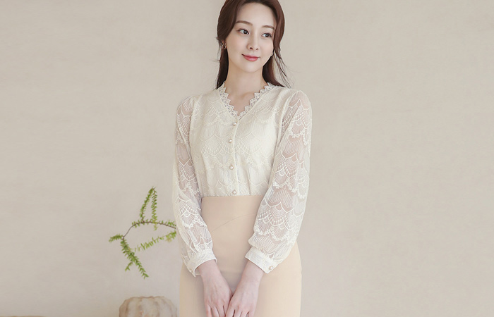 Macrame Embroidery Lace Pearl Buttons Blouse