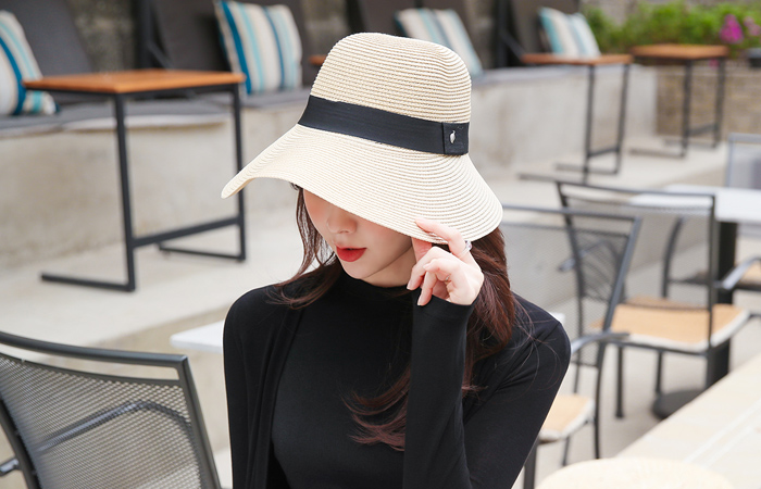 Black Tapping Wide Raffia Hat