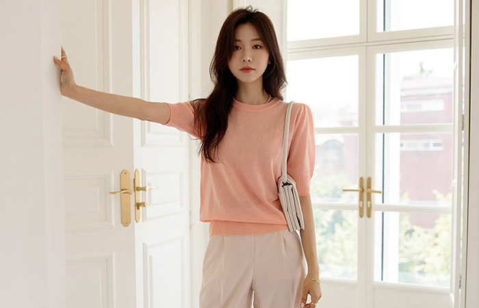 Lovely Vivid Color Short-sleeve Knit T-shirt