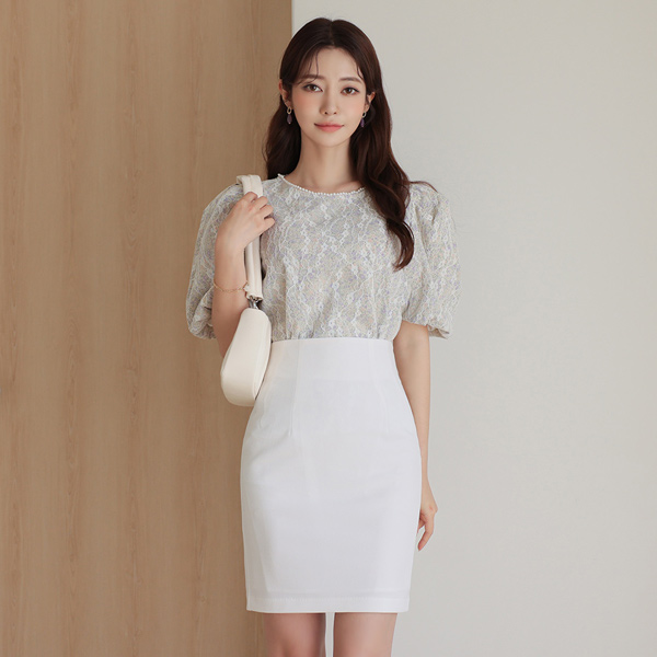Pearl trimming neck Embroidery Mesh Blouse