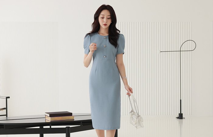 Metal Pearl Buttons Single H-line Dress