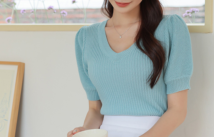 Summer Knit Puff V-neck Corduroy Knit