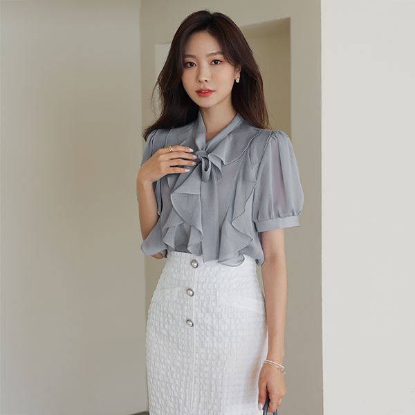 Double Ruffle See-through Tie Blouse