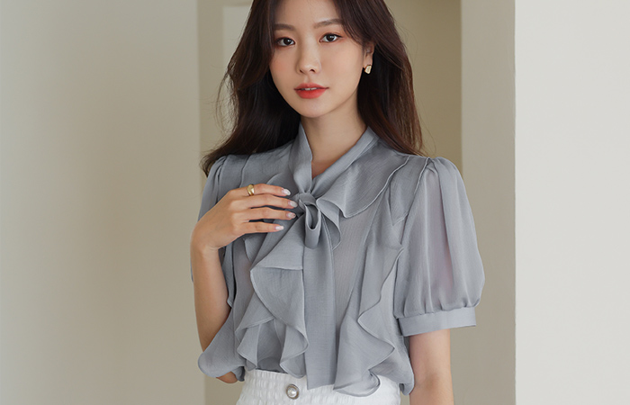 Double Ruffle See-through Tie Blouse