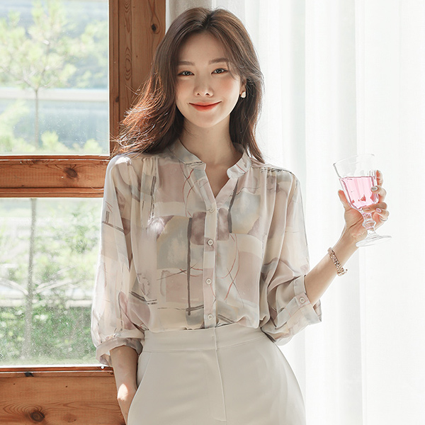 Soft Printing Chiffon Soutien Collar Blouse