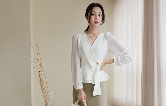 Chiffon Sleeves Unbalance Peplum Wrap-Blouse