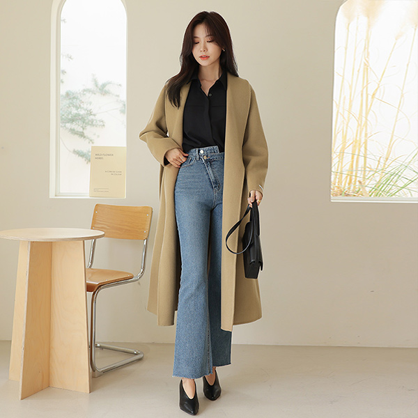 Open Wide Shawl Collar Hand-Made Wool Long Coat