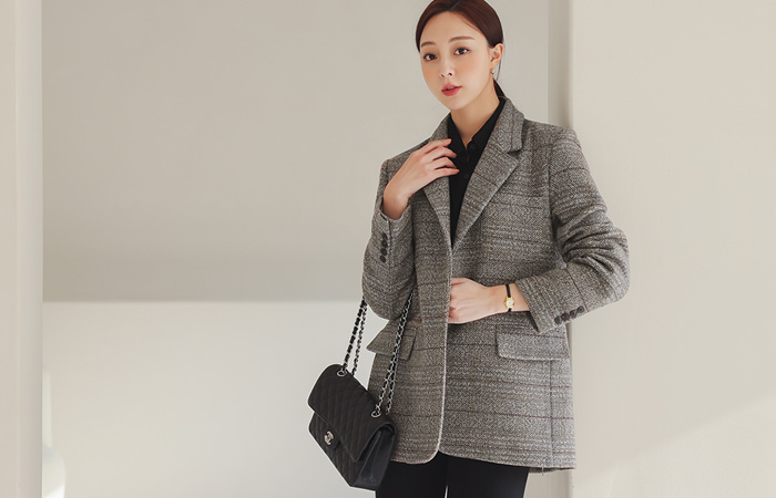 Herringbone Check One-Button Wool Jacket