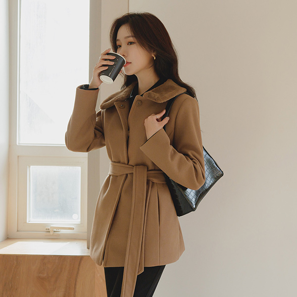 Luxury Fake Fur Collar Belted Harp Wool Coat