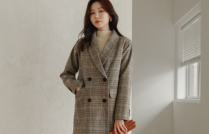 Classic Hound Check Belted Wool Long Coat(quilted lining)