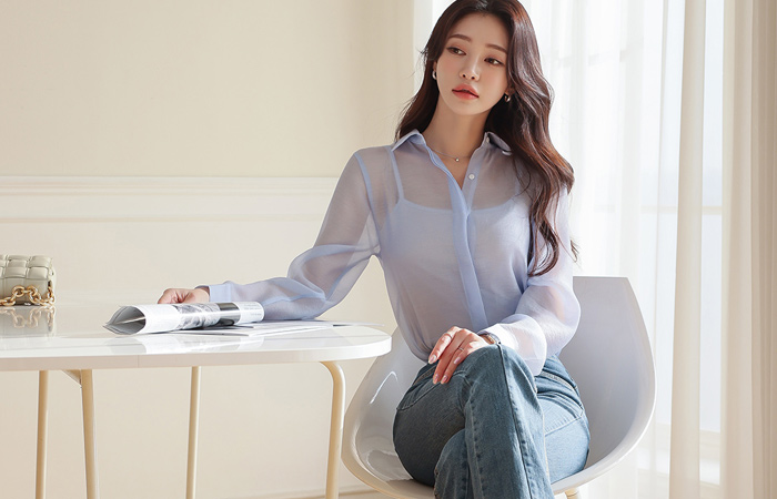 Tencel See-through Collar Shirt Single Blouse