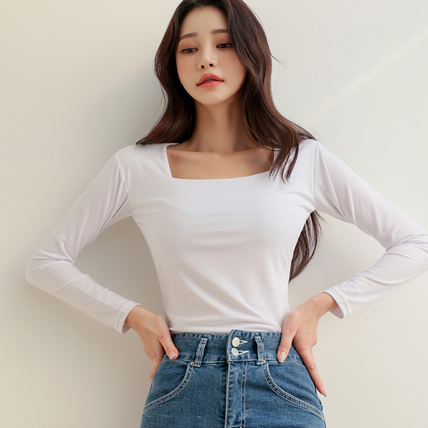 Spring Double Square Neck Span T-shirt