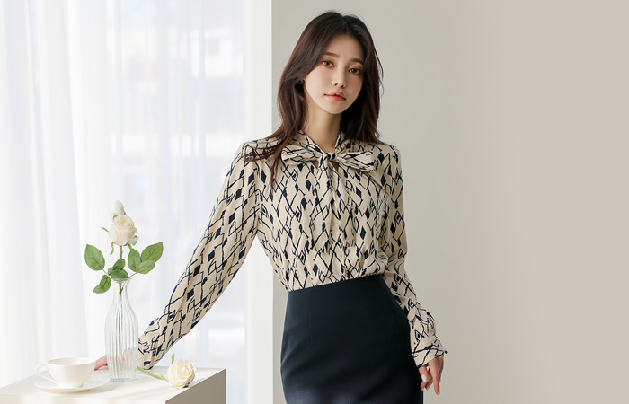 Diamond Ribbon-Tie Blouse