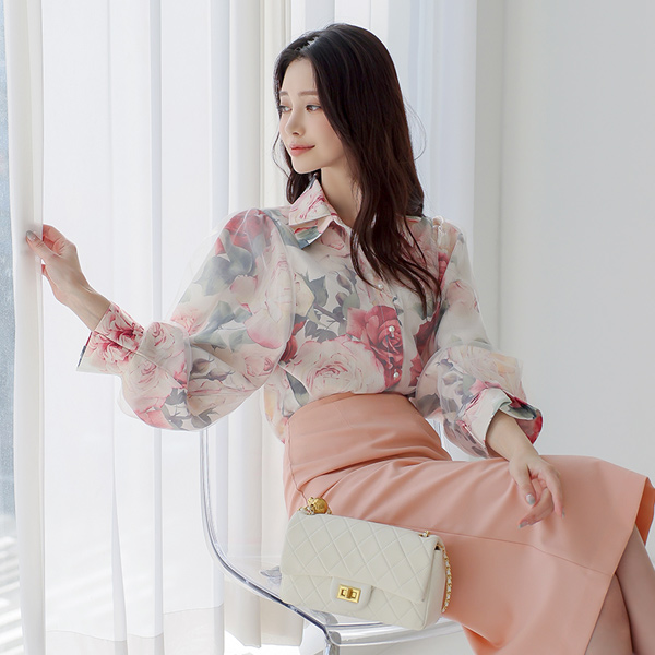 Rose Organza Pintuck collar Puff Blouse Ⅱ