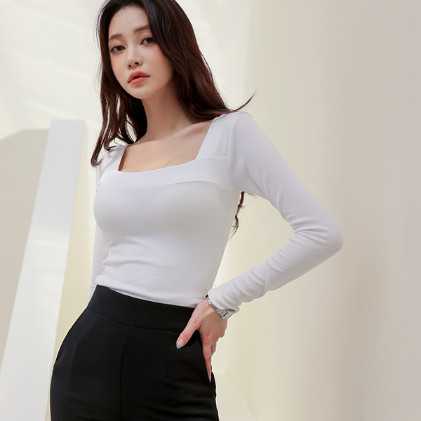 Square Neck Corduroy Slim T-shirt