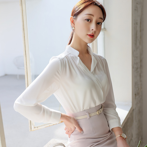 VNeck Single Shoulder Shirring Blouse